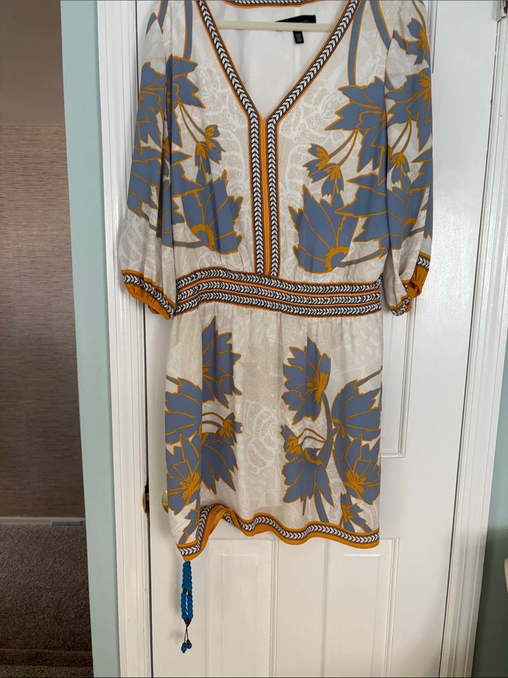 White House Black Market Cream Mini Dress with Blue and Mustard Floral Accents